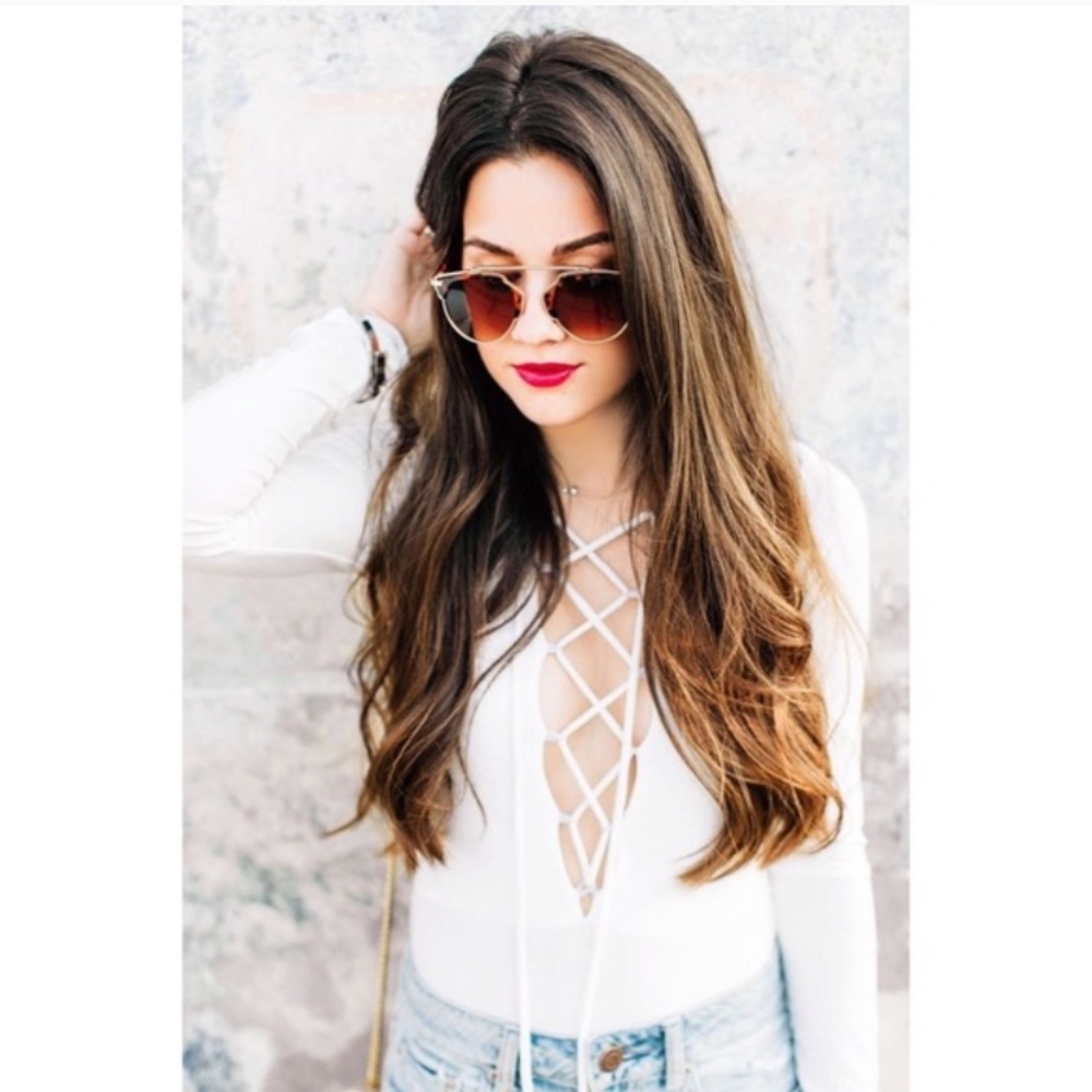 Ivory Lace Up Deep V Ribbed Bodysuit